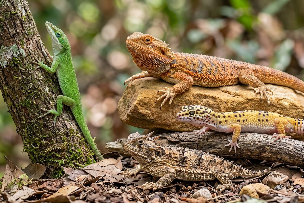 Several different types of lizards resting on rocks and branches in a natural setting.