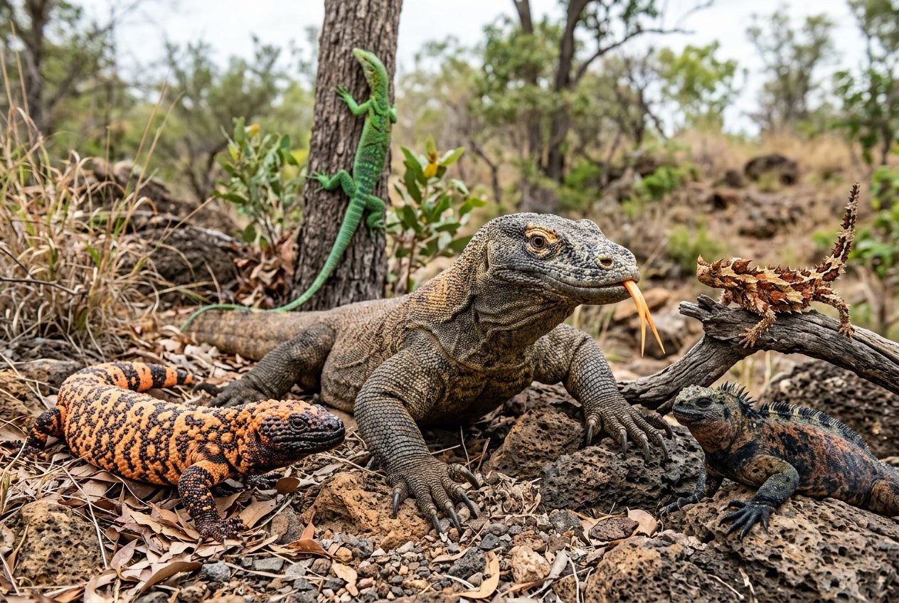 Several large and unusual lizards with distinctive features resting in a natural outdoor setting.