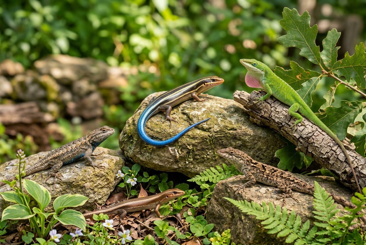 Several small backyard lizards resting on rocks and plants in a sunny garden setting.