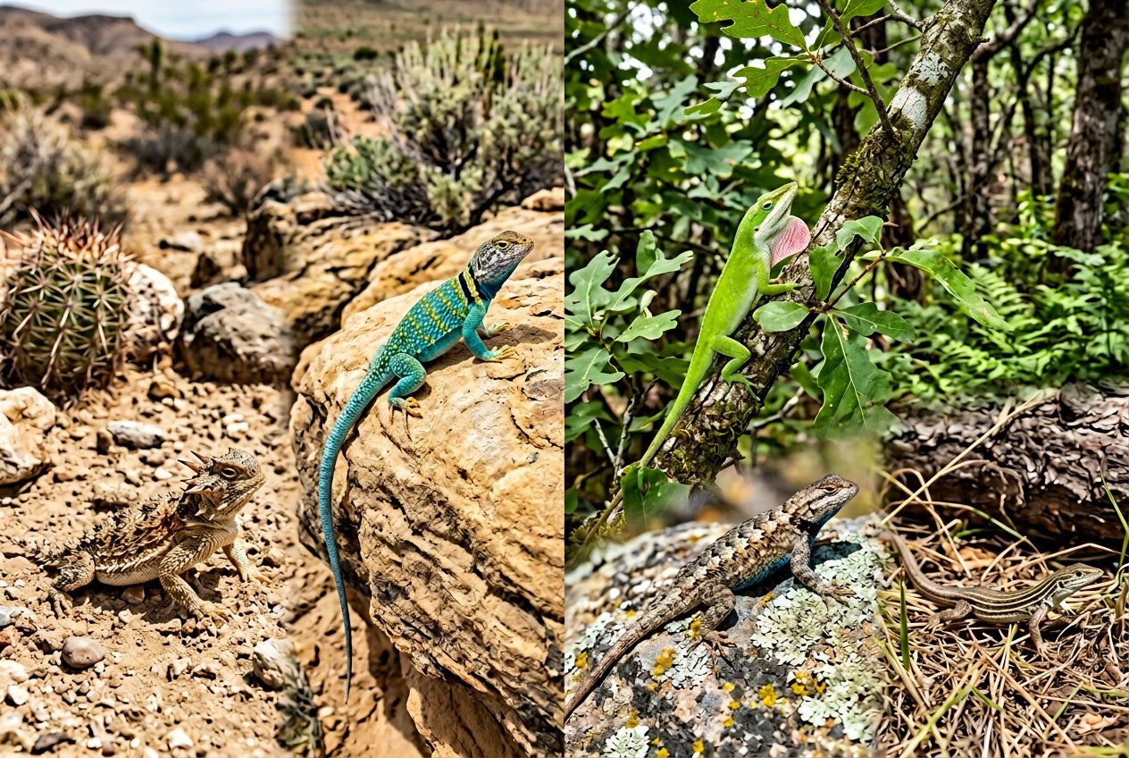 Several different species of lizards resting on rocks, tree branches, and desert ground in various North American natural settings.
