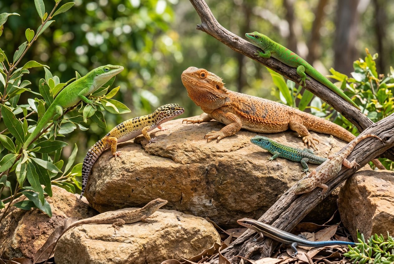 Several different types of lizards resting on rocks and branches outdoors.