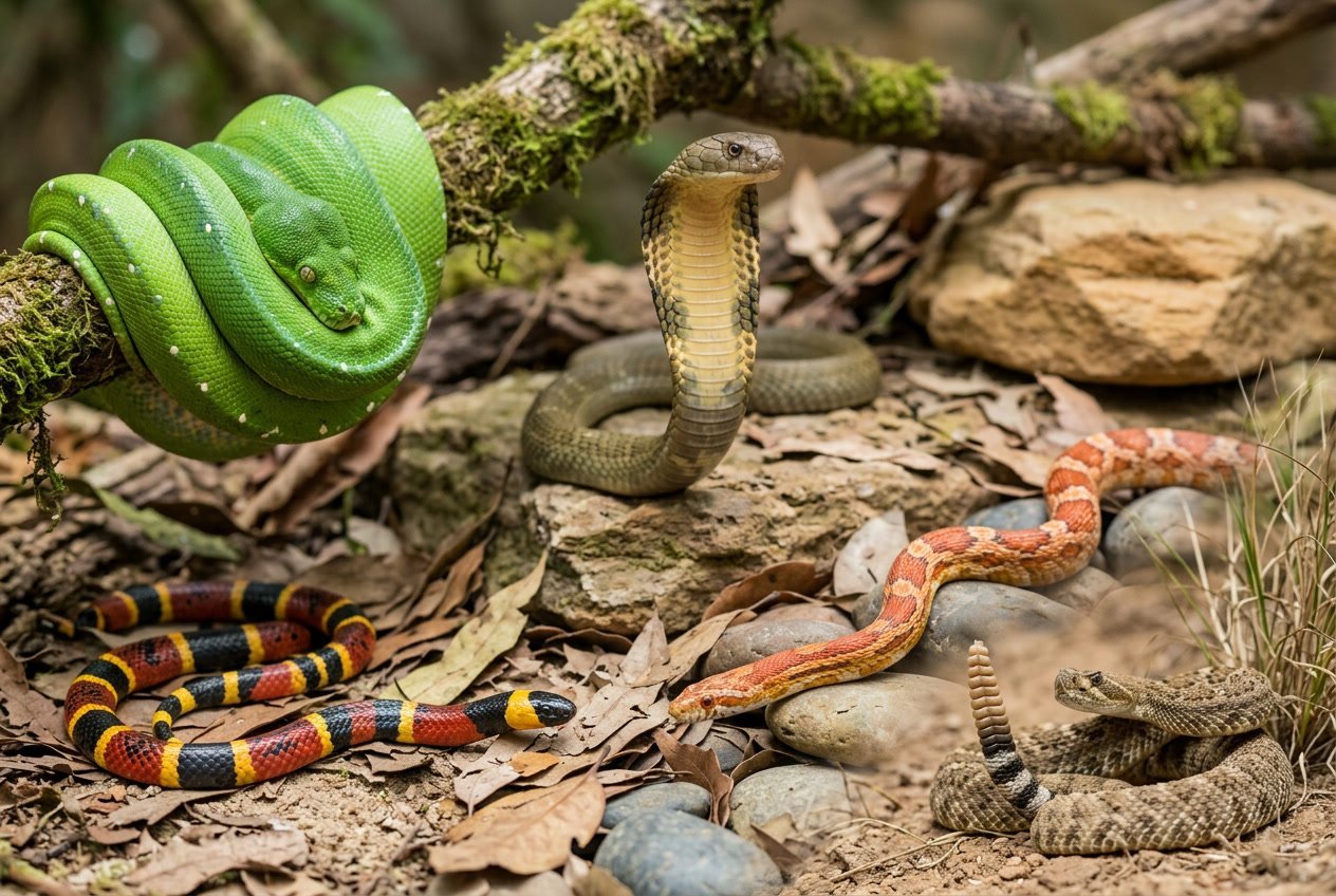 Several different types of snakes including a green tree python, king cobra, coral snake, corn snake, and rattlesnake displayed together in a natural setting.