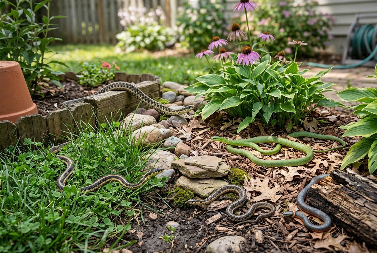 Several common backyard and garden snakes of different species among green grass and garden plants.
