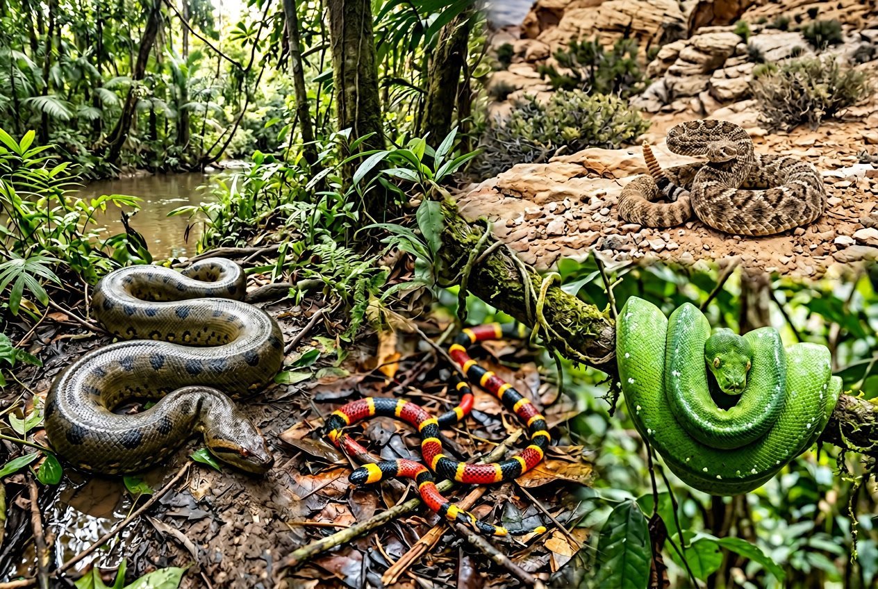 Several different types of snakes in various natural habitats including a riverbank, desert rocks, and forest branches, showing a range of sizes and colors.