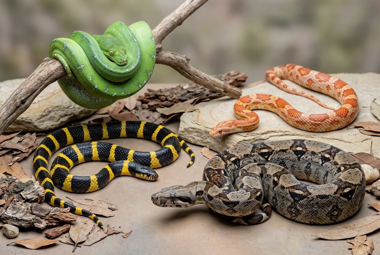 Several different types of snakes with varied colors and patterns arranged on a plain background.