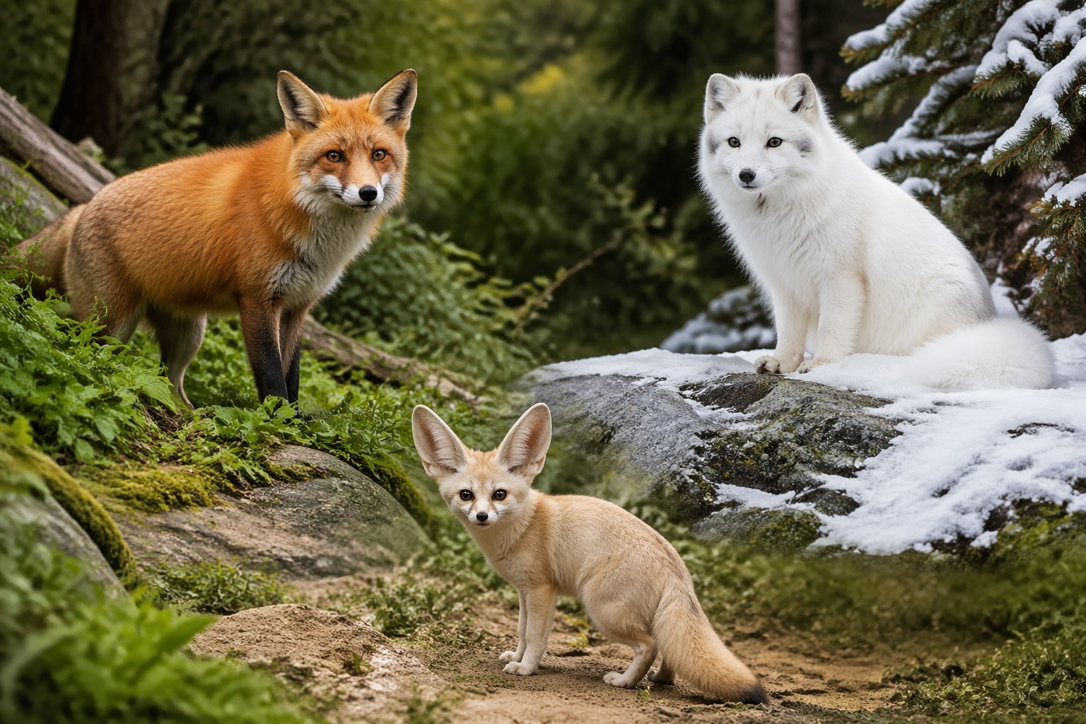 Several different types of foxes in a natural outdoor setting with green plants, rocks, and snow.