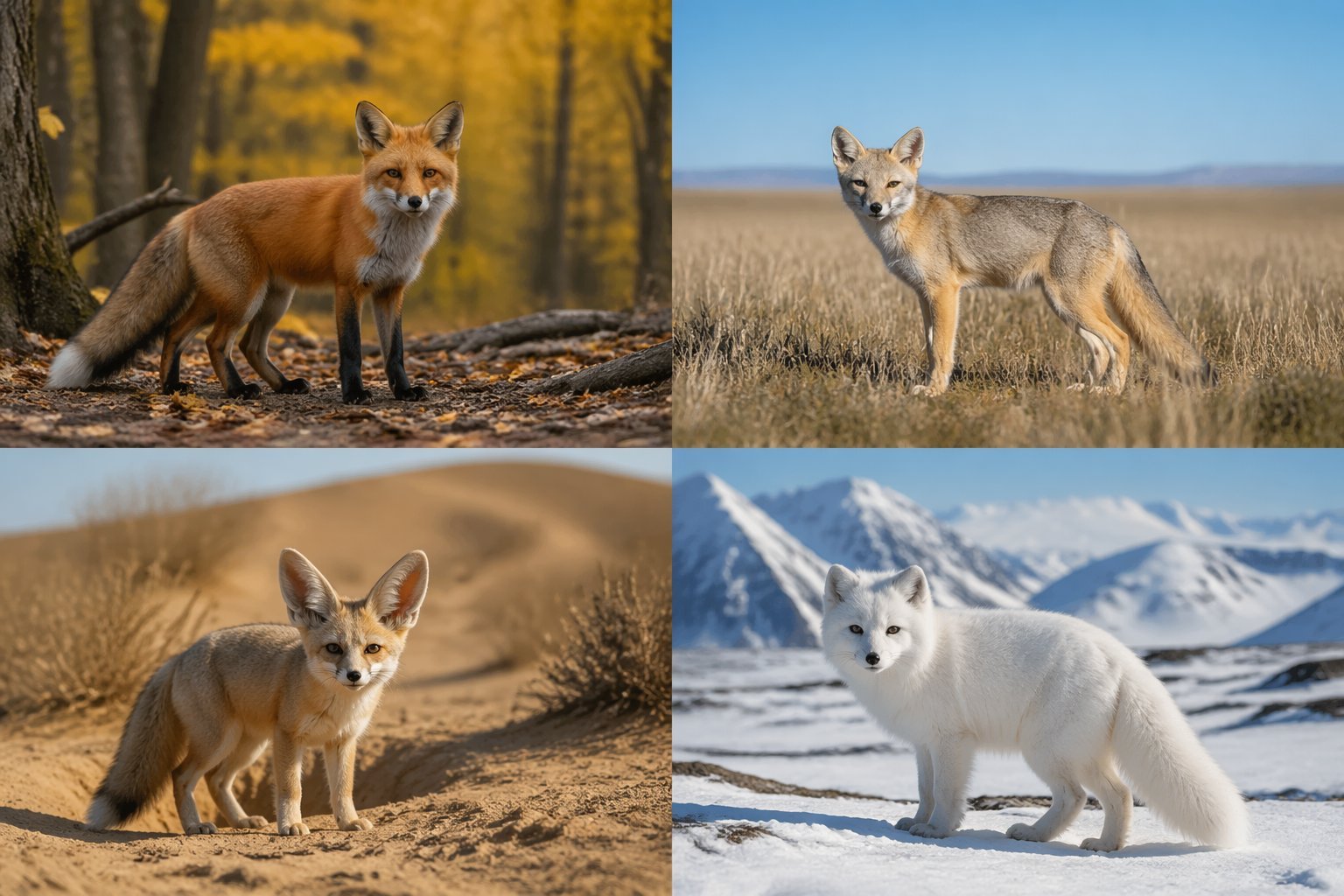 Four different types of foxes in their natural North American habitats including forest, prairie, desert, and snowy tundra.