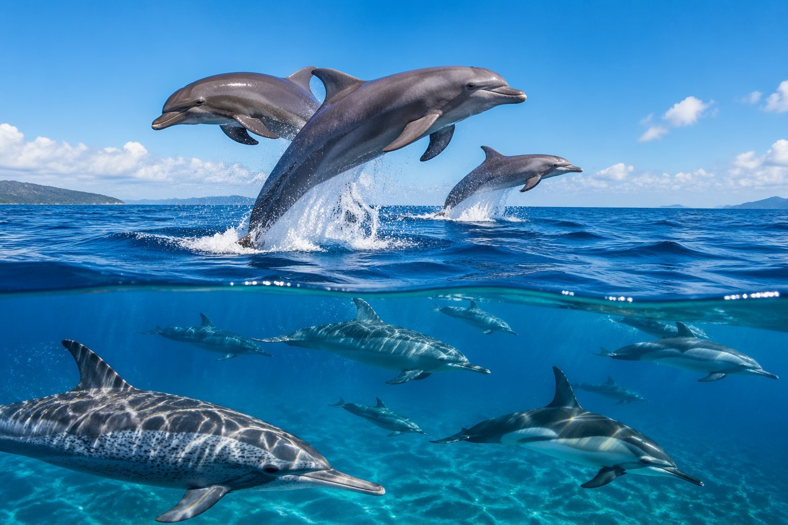 A group of different types of dolphins swimming in clear blue ocean water with sunlight shining through.