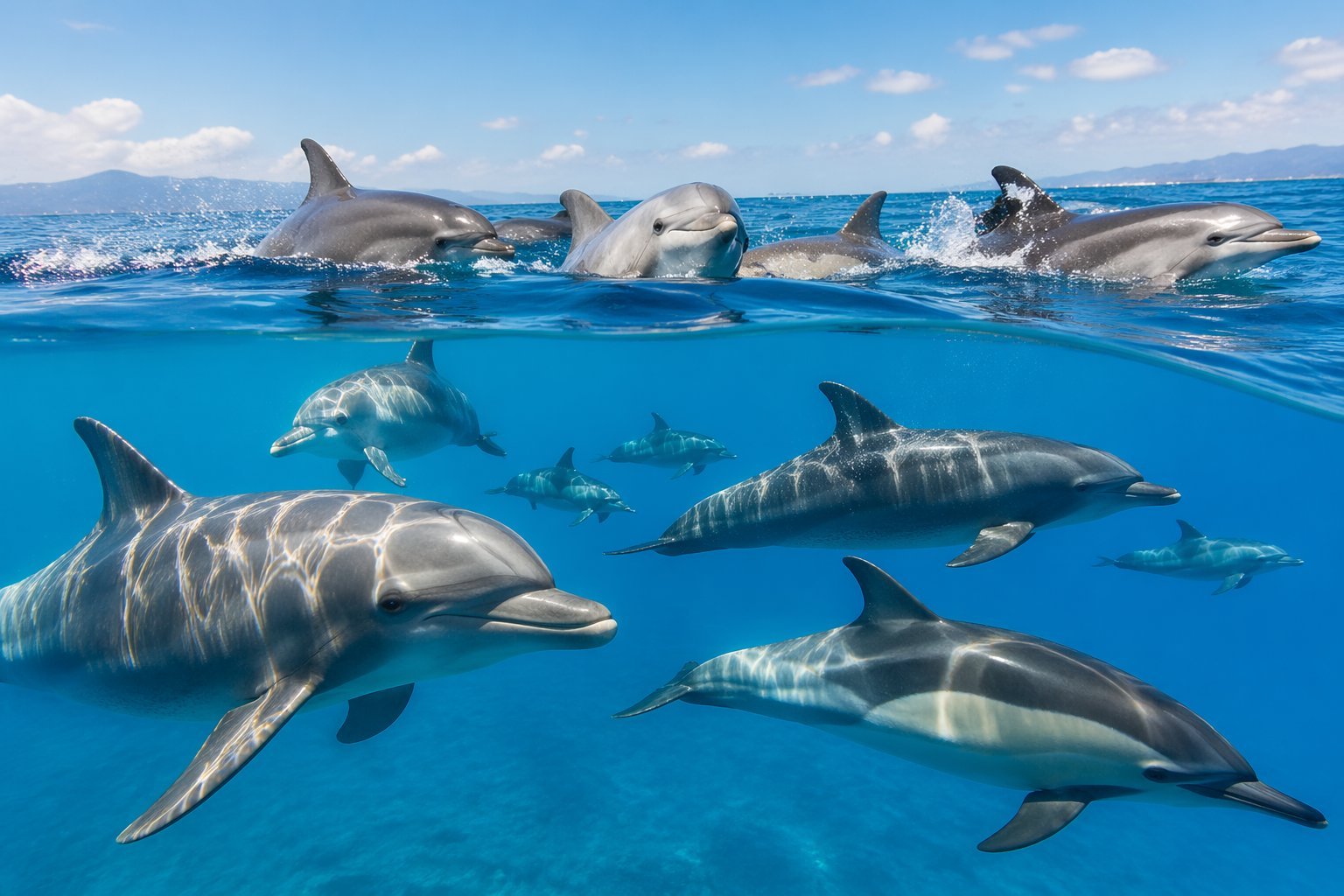 A group of different types of dolphins swimming together near the surface of the ocean under sunlight.