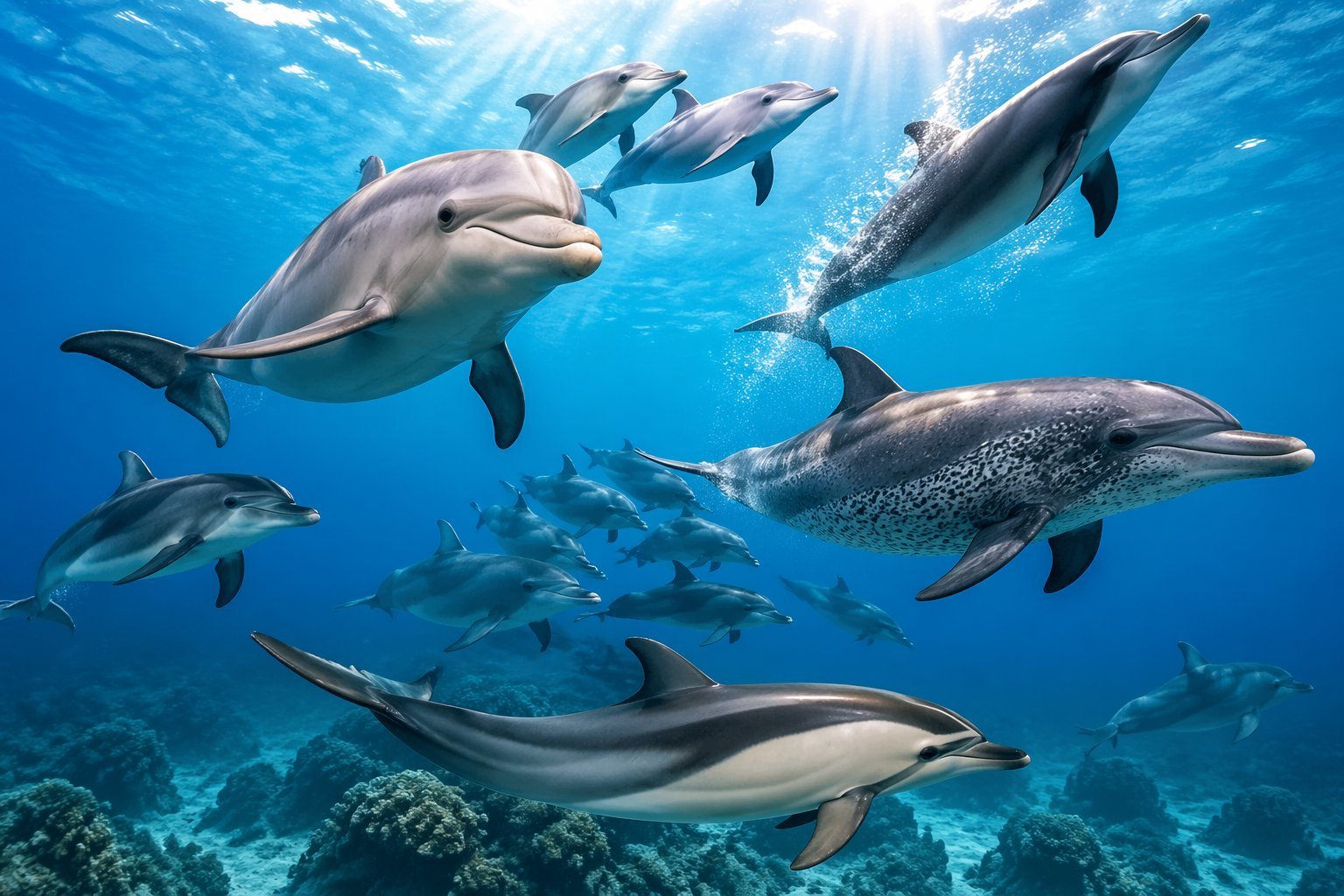 Several dolphins swimming and leaping together underwater in a clear blue ocean.