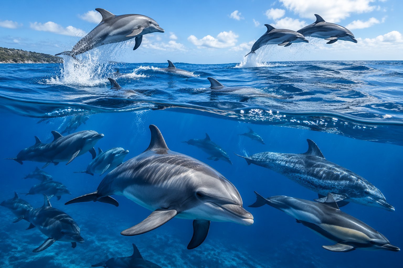 A group of different dolphin species swimming and leaping in clear blue ocean water under a bright sky.