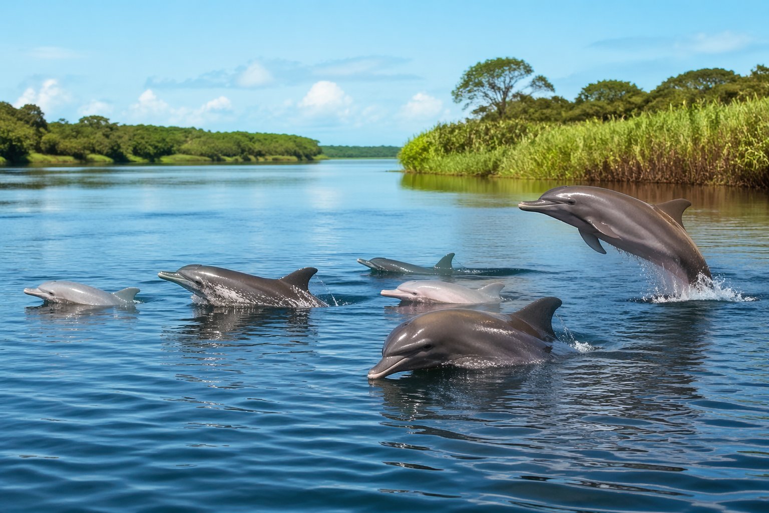 Several dolphins swimming and leaping in a calm river estuary surrounded by green vegetation.