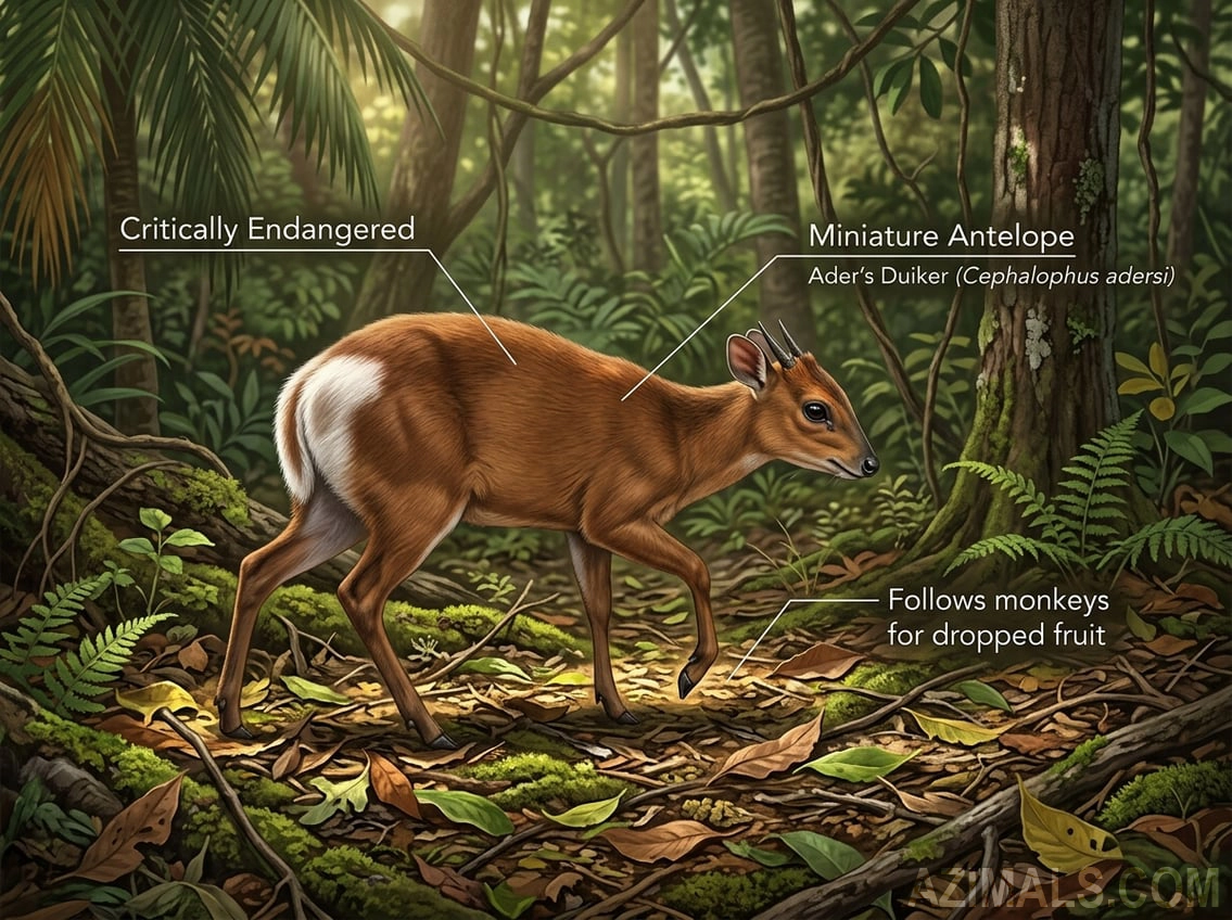 A dappled, sunlit coastal forest floor. A tiny, reddish-brown Ader’s Duiker is shown stepping carefully, highlighting its distinctive broad white rump and tiny pointed horns. Callouts highlighting "Miniature Antelope," "Critically Endangered," and "Follows monkeys for dropped fruit."
