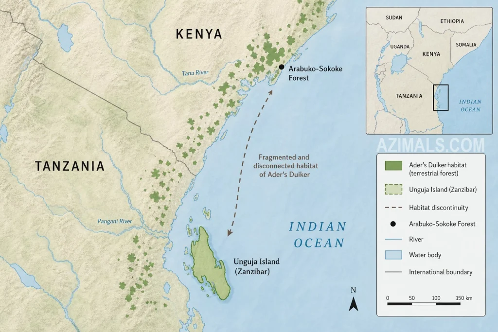 A habitat map of the Ader's Duiker on the East African coast. Highlight Unguja Island off the coast of Tanzania, and place a tiny dot on the Kenyan coast representing the Arabuko-Sokoke Forest. Emphasize how disconnected the two populations are.