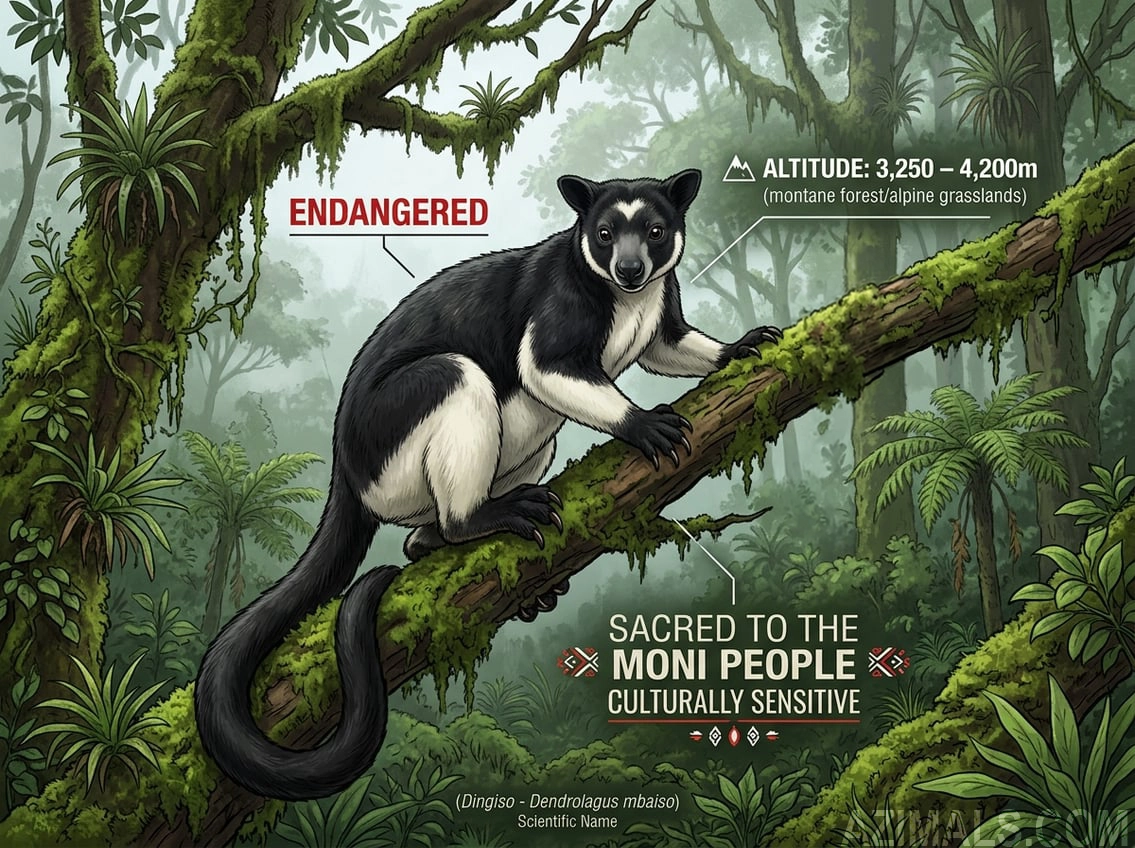 A Dingiso with its distinct black body and white belly, showing powerful hind feet and climbing tail.