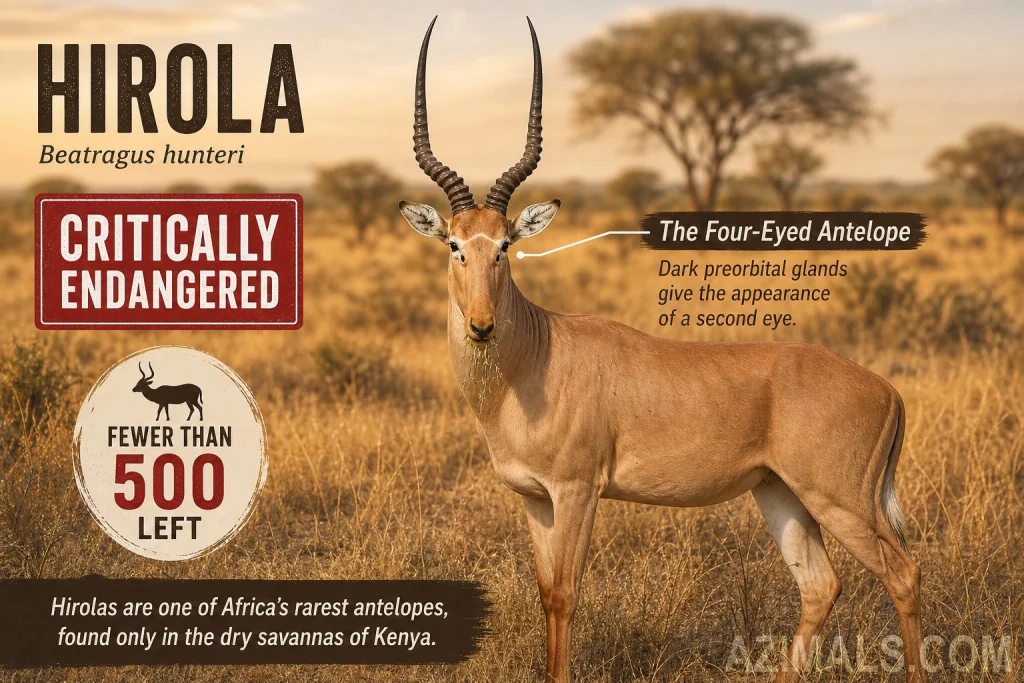 A dry, golden African savanna background. A Hirola antelope standing prominently, showcasing its elegant lyre-shaped horns and the dark preorbital glands under its eyes.