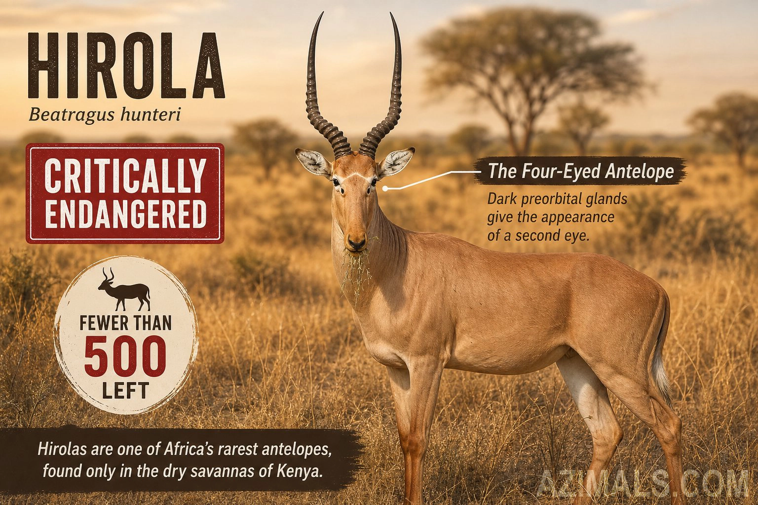 A dry, golden African savanna background. A Hirola antelope standing prominently, showcasing its elegant lyre-shaped horns and the dark preorbital glands under its eyes.