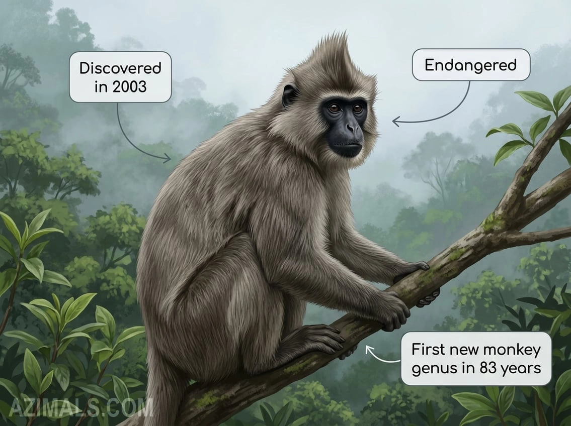 A cool, misty montane forest background. A Kipunji monkey sitting on a branch, showcasing its thick, grayish-brown fur, black face, and the prominent, upright crest of hair on its head. Callouts highlighting "Discovered in 2003," "Endangered," and "First new monkey genus in 83 years."
