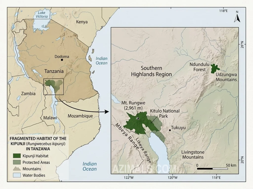 A map of Tanzania with a zoomed-in focus on the Southern Highlands. Show two distinct, separated green patches: one covering Mt. Rungwe and Kitulo National Park, and a tiny secondary patch in the Ndundulu Forest, showing the habitat of the Kipunji Monkey.