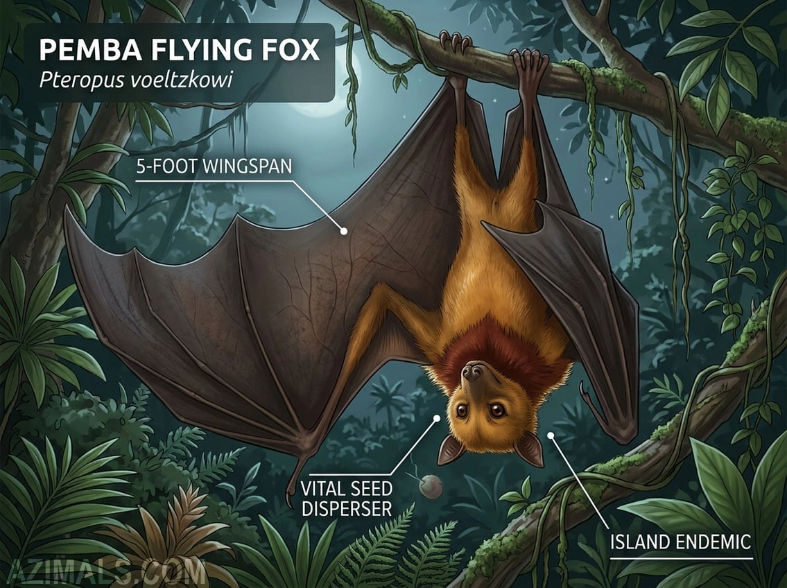 A lush tropical night roost background. A large Pemba flying fox hanging upside down, showcasing its bright tawny-orange fur and fox-like face. Callouts highlighting "5-Foot Wingspan," "Vital Seed Disperser," and "Island Endemic."