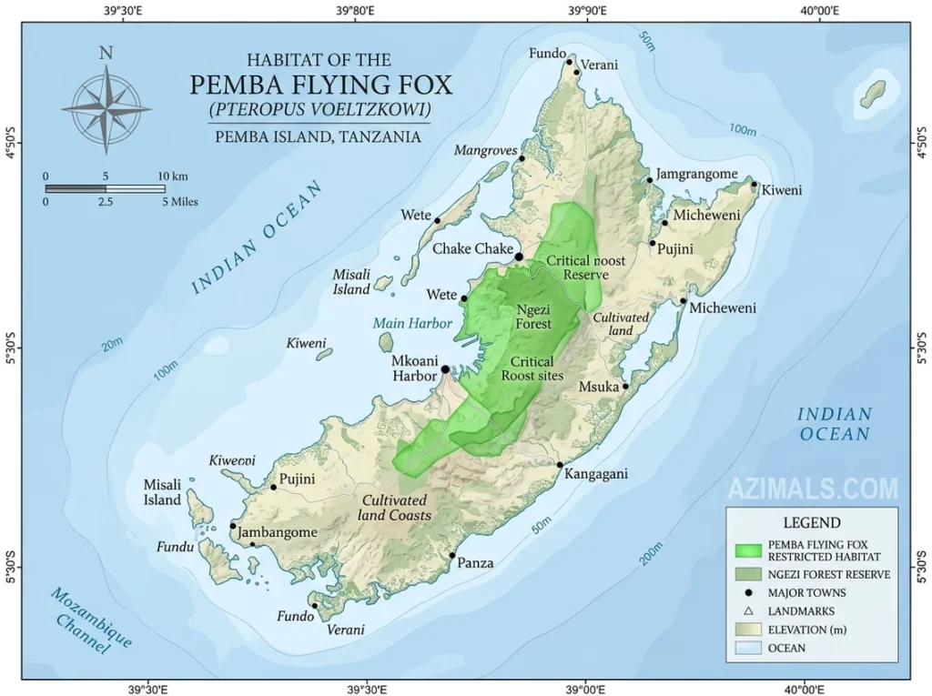 A map of the East African coast highlighting the Zanzibar Archipelago, with a specific zoomed-in focus on Pemba Island. Show tree icons representing their primary roosting sites.