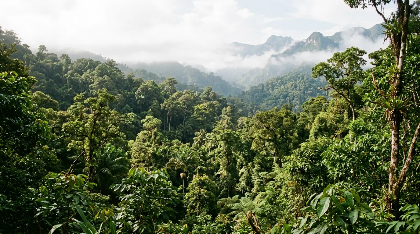 A dense, untouched green forest canopy under a misty, sunlit sky, symbolizing a protected natural habitat.