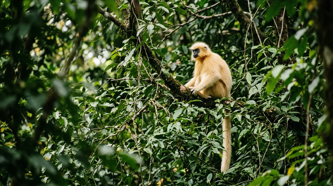 A golden langur sitting among the branches of a lush forest canopy.