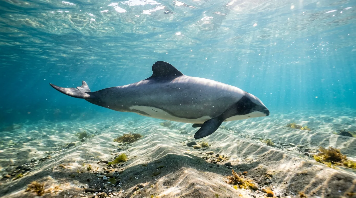 A Māui dolphin swimming in clear, shallow coastal ocean water.